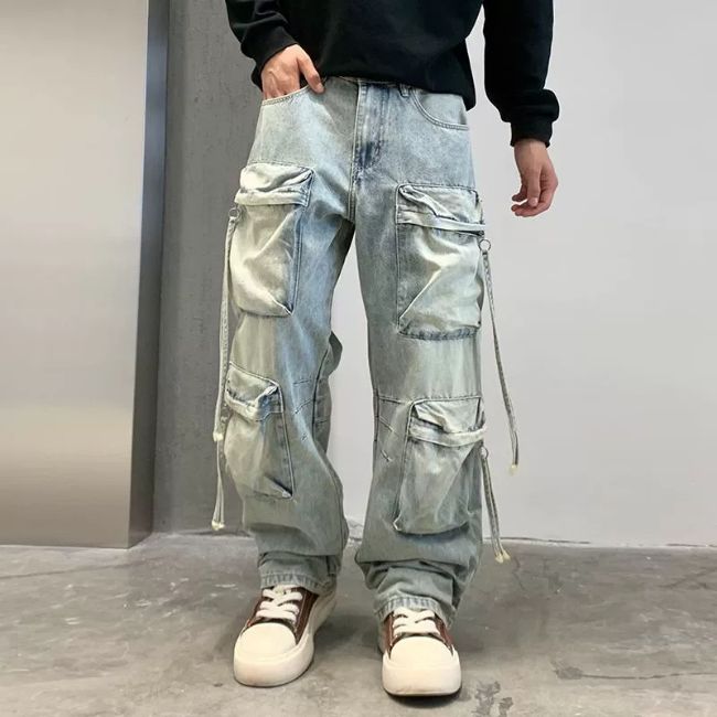 PANTALONCARGOJEANHOMMEAVECSANGLE1.jpg Cargo Jeans Herren mit Riemen in Blau