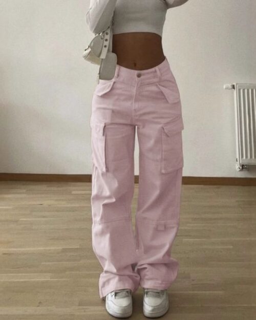 High Waist Cargohose Damen Rosa