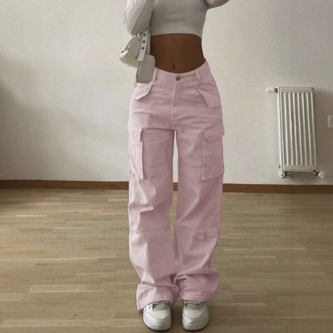 High Waist Cargohose Damen Rosa