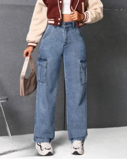Washed Cargo Jeans Damen High Waist in Blau
