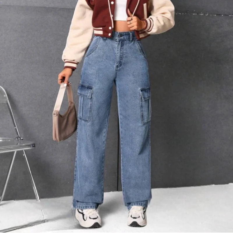 Washed Cargo Jeans Damen High Waist in Blau
