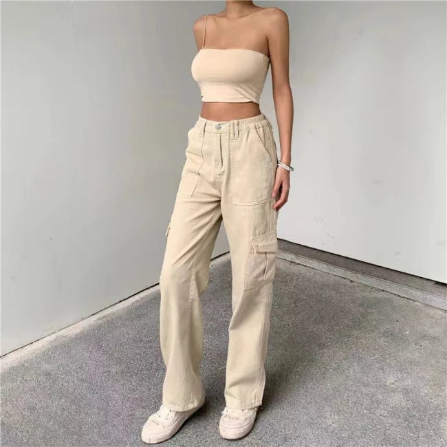 Beige Cargo Jeans Damen Flared