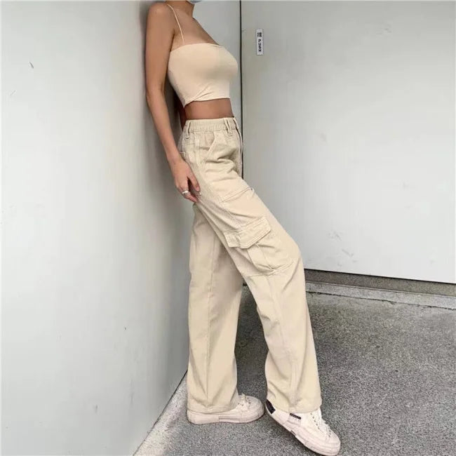 Beige Cargo Jeans Damen Flared