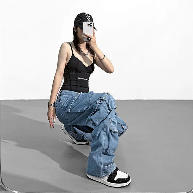 Cargo Jeans Damen Blau Washed