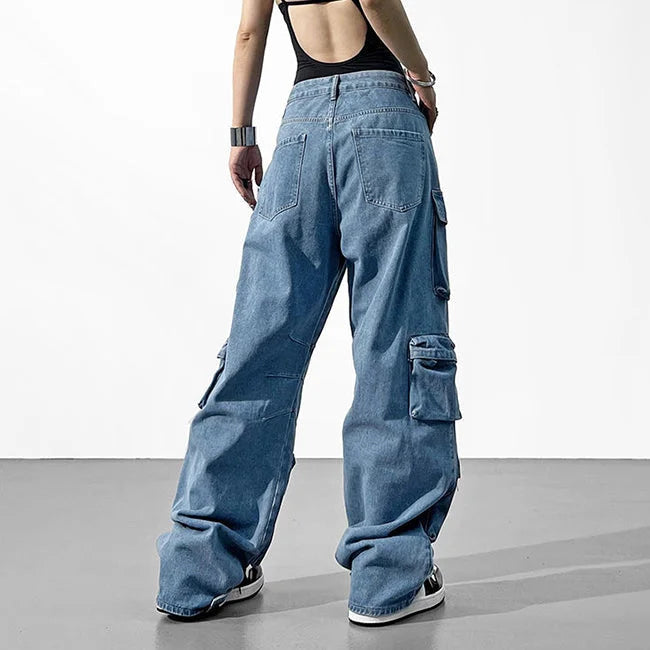 Cargo Jeans Damen Blau Washed