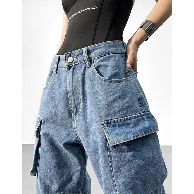 Cargo Jeans Damen Blau Washed