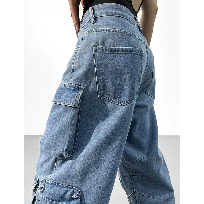 Cargo Jeans Damen Blau Washed