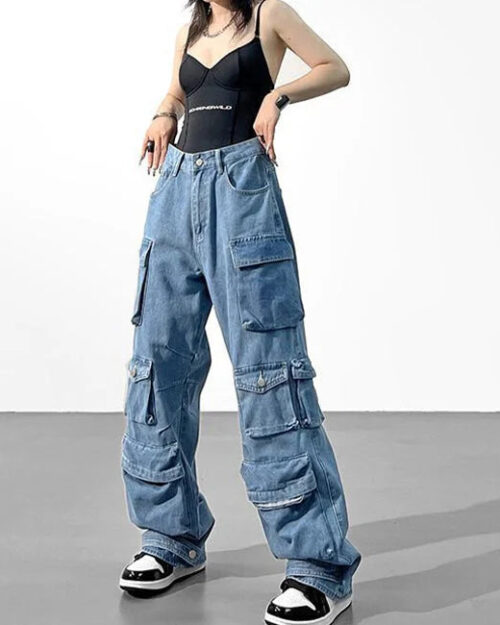 Cargo Jeans Damen Blau Washed