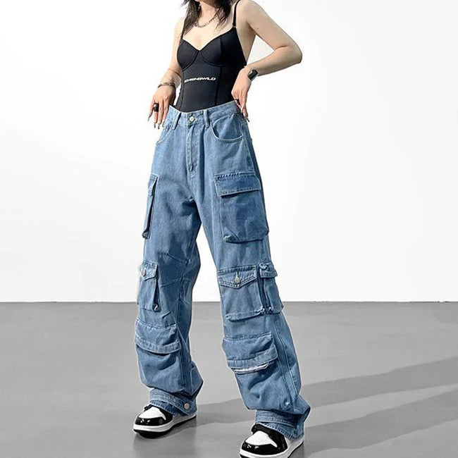 Cargo Jeans Damen Blau Washed