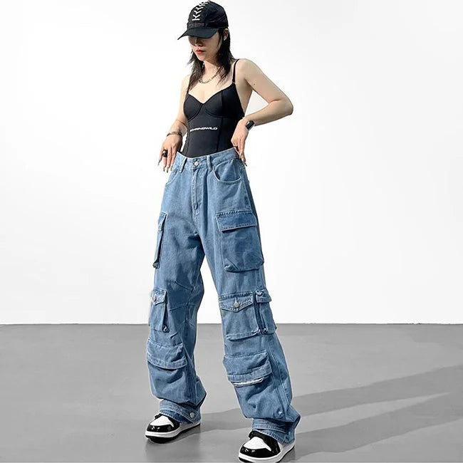Cargo Jeans Damen Blau Washed