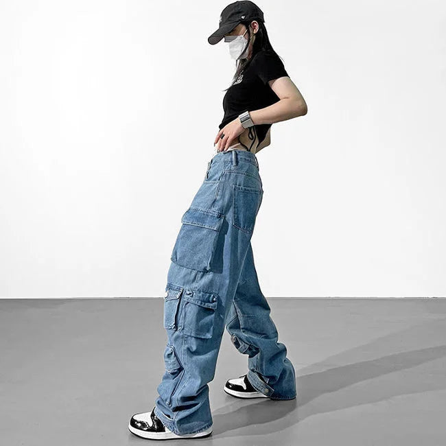 Cargo Jeans Damen Blau Washed