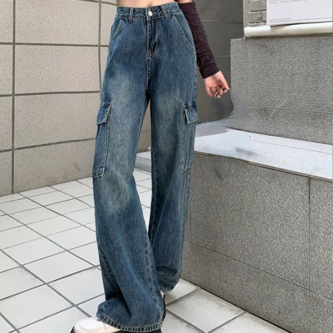 High Waist Cargo Jeans Damen Blau