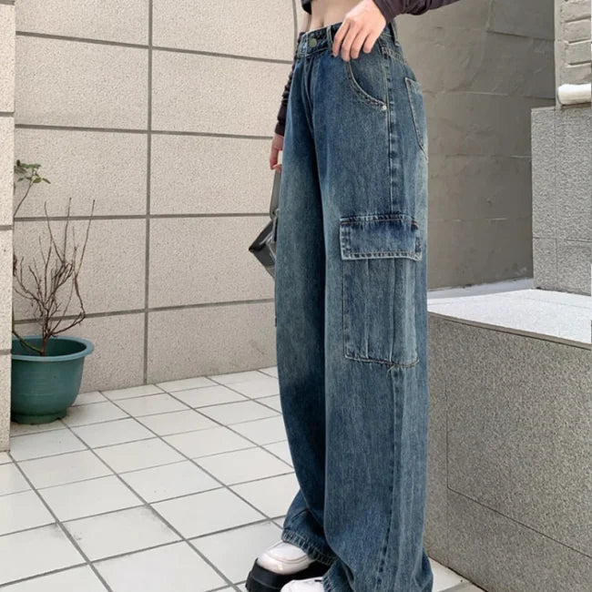 High Waist Cargo Jeans Damen Blau