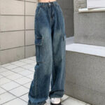 High Waist Cargo Jeans Damen Blau