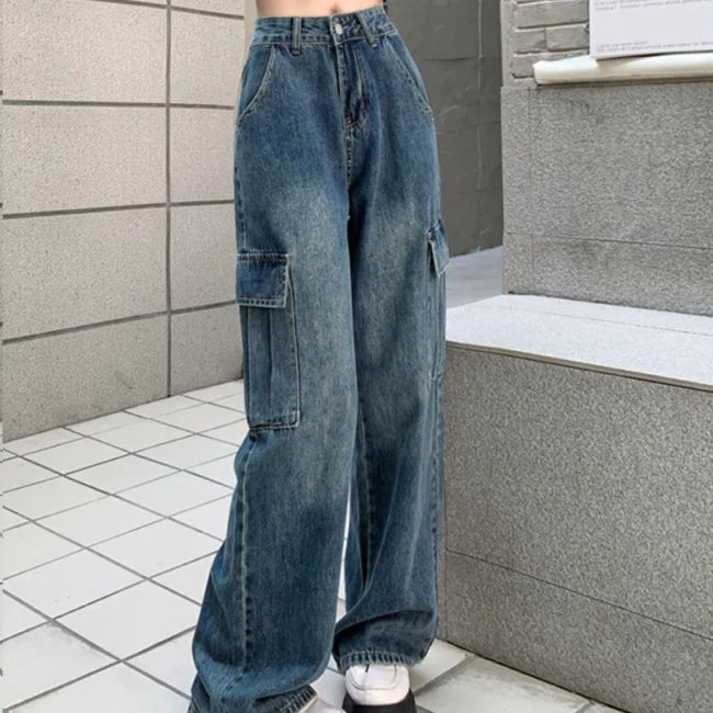 High Waist Cargo Jeans Damen Blau