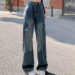 High Waist Cargo Jeans Damen Blau