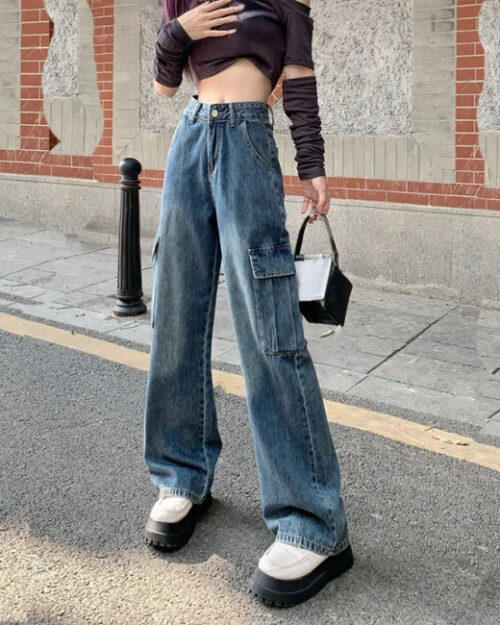 High Waist Cargo Jeans Damen Blau