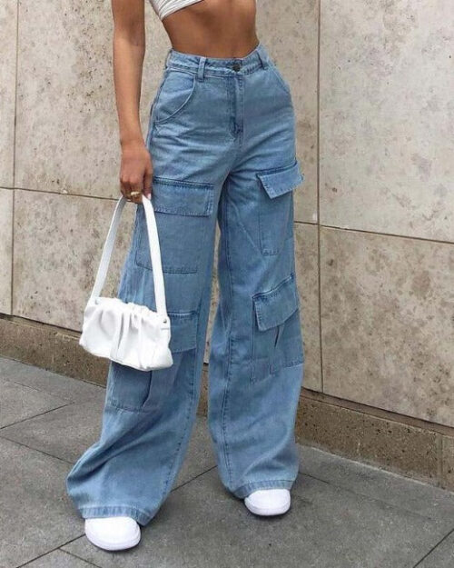 Wide Leg Cargo Jeans Damen Blau