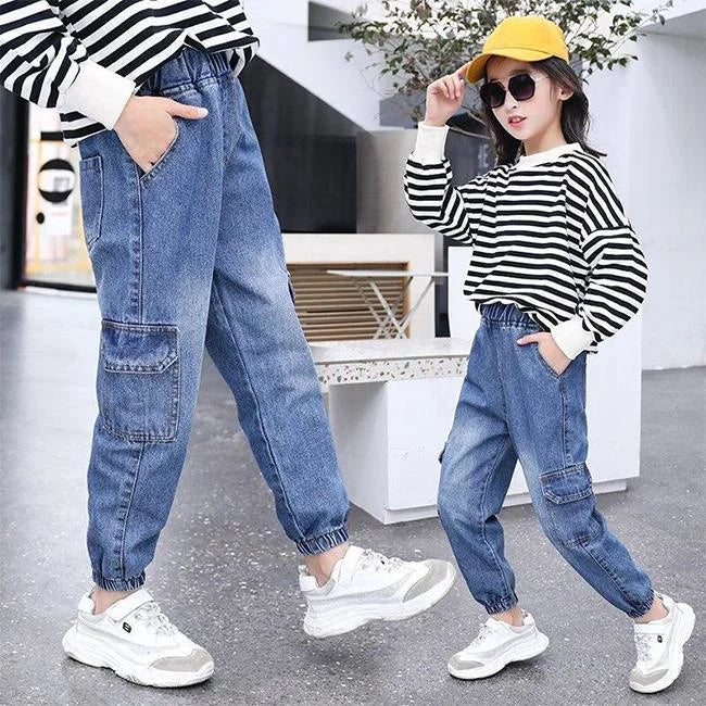 Washed Cargo Jeans Mädchen Blau