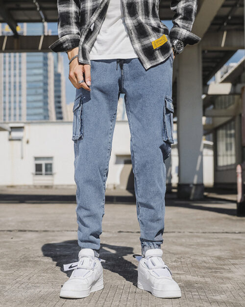 Tapered Cargo Jeans Herren Casual in Blau