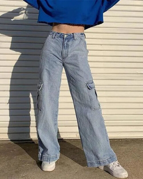 Weite Cargo Jeans Damen Blau