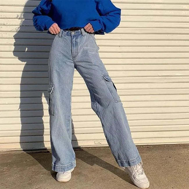 Weite Cargo Jeans Damen Blau
