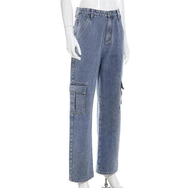 Weite Cargo Jeans Damen Blau
