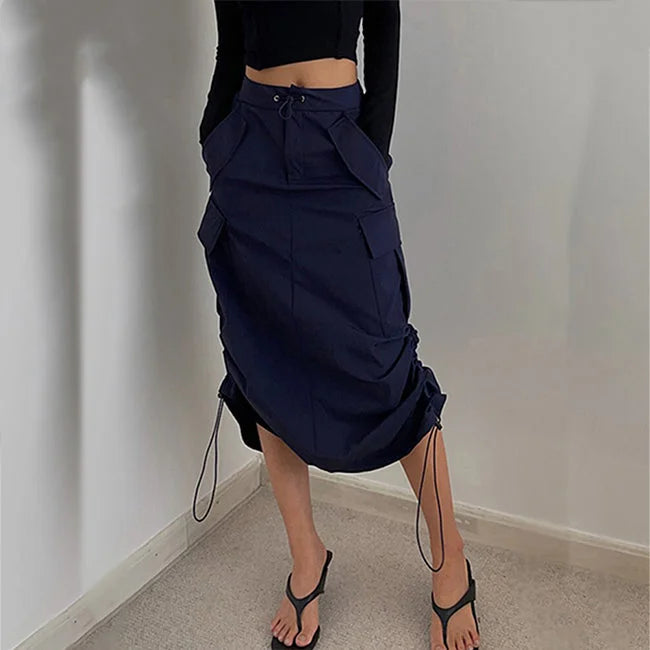 Langer Cargo Rock für Damen mit Gummizug in Blau
