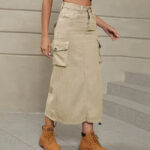 Langer Cargo Jeans Rock für Damen in Beige