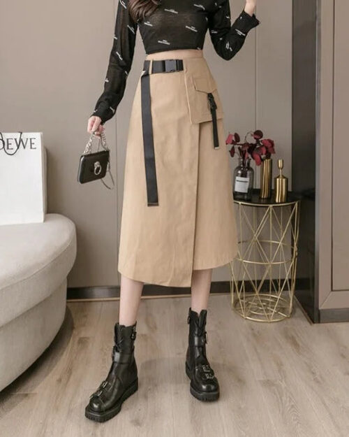 Langer Cargo Rock für Damen mit Tasche in Beige