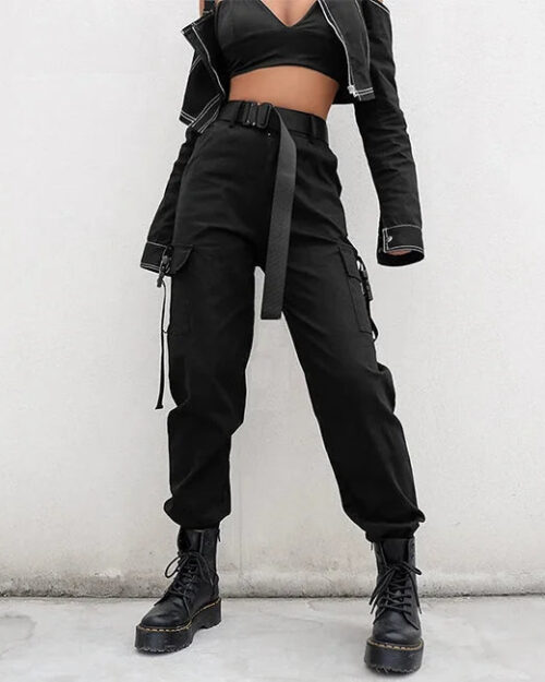Schwarze Cargohose Damen mit Gürtel