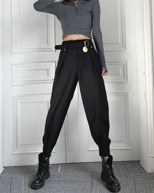 Schwarze Cargohose Damen Chic High Waist