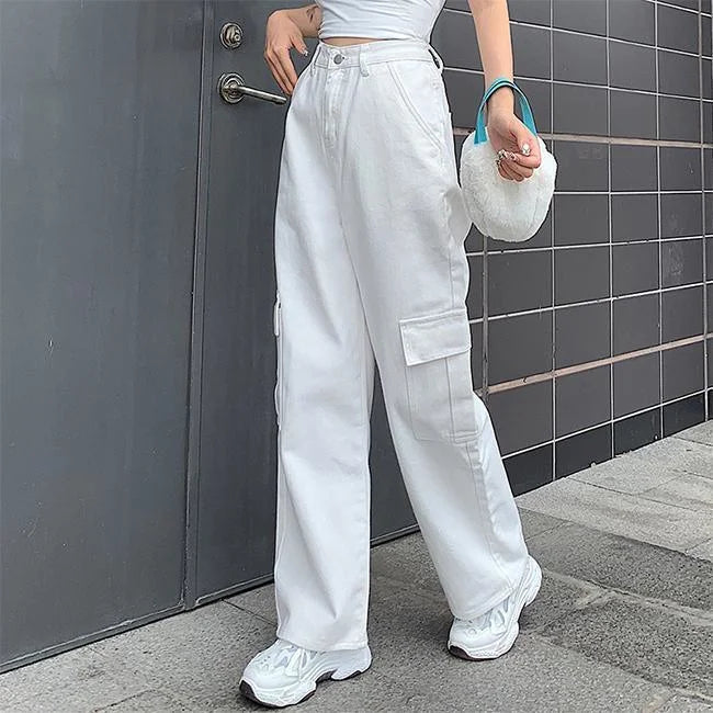 Weiße Twill Cargohose Damen Carrot Fit
