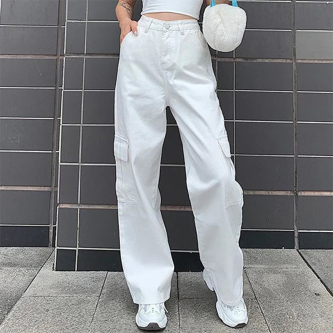 Weiße Twill Cargohose Damen Carrot Fit