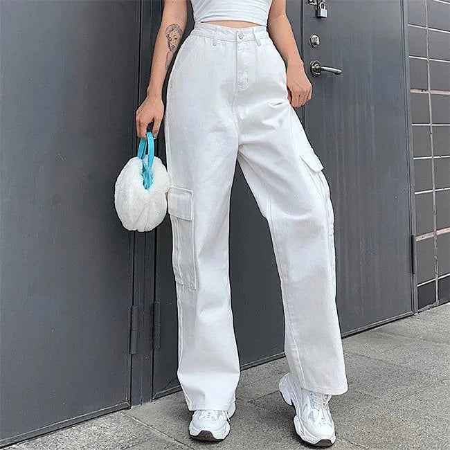 Weiße Twill Cargohose Damen Carrot Fit