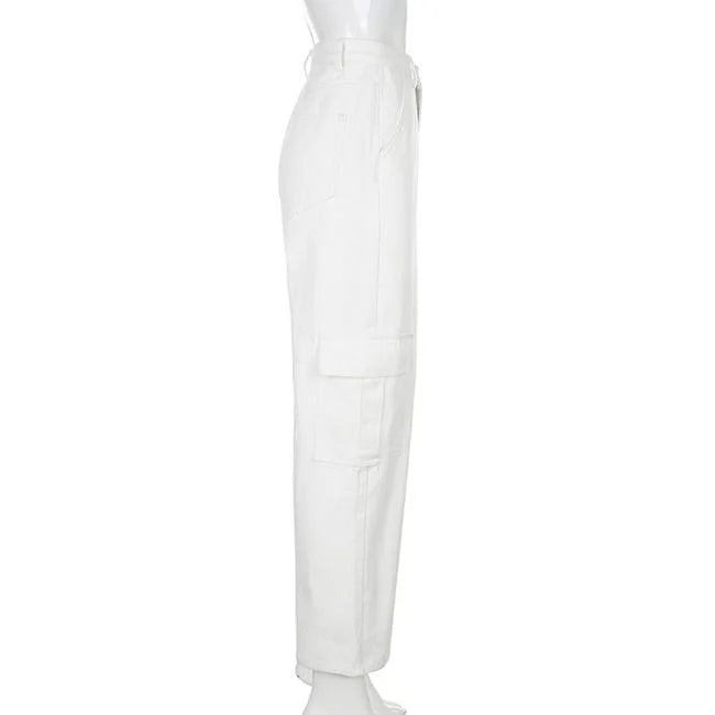 Weiße Twill Cargohose Damen Carrot Fit