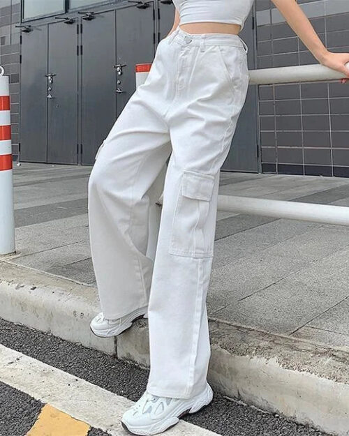 Weiße Twill Cargohose Damen Carrot Fit