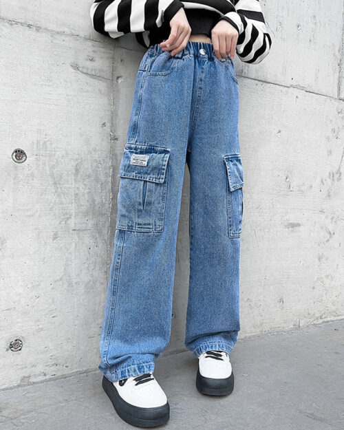 Cargo Jeans Mädchen Wide Leg in Blau