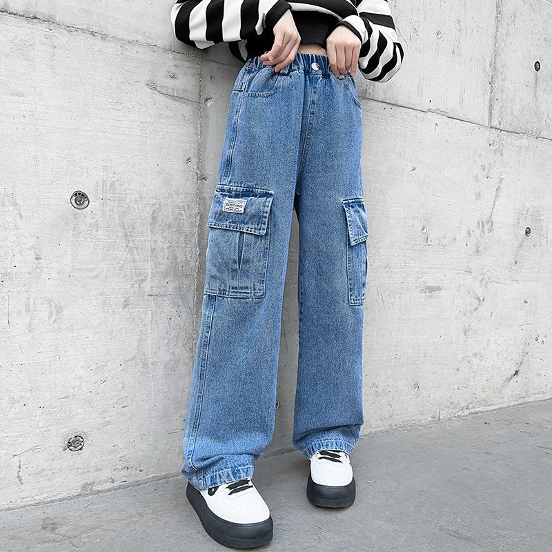 pantalon-cargo-enfant-fille-599.jpg Cargo Jeans Mädchen Wide Leg in Blau