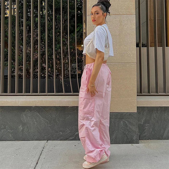 Weite Cargohose Damen Schwarz Weiß Rosa