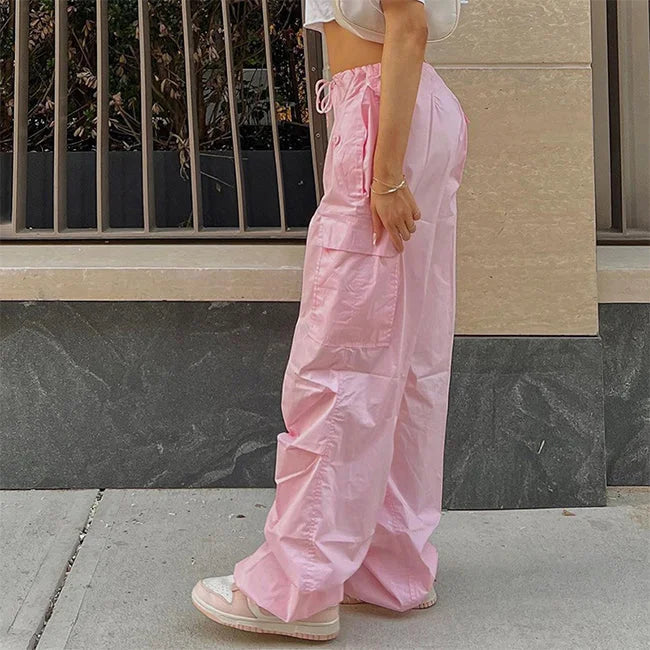 Weite Cargohose Damen Schwarz Weiß Rosa