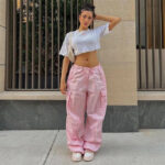 Weite Cargohose Damen Schwarz Weiß Rosa