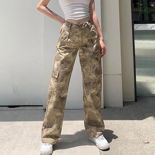 Sand Camouflage Cargohose Damen Wide Leg