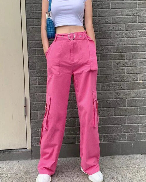 Rosa Cargohose Damen Wide Leg