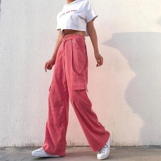 Rosa Cord Cargohose Damen Wide Leg