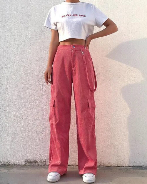 Rosa Cord Cargohose Damen Wide Leg