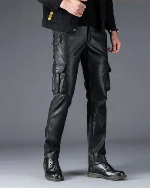 Schwarze Cargohose Herren in Lederoptik