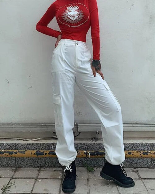 High Waist Cargohose Damen Nashi in Weiß