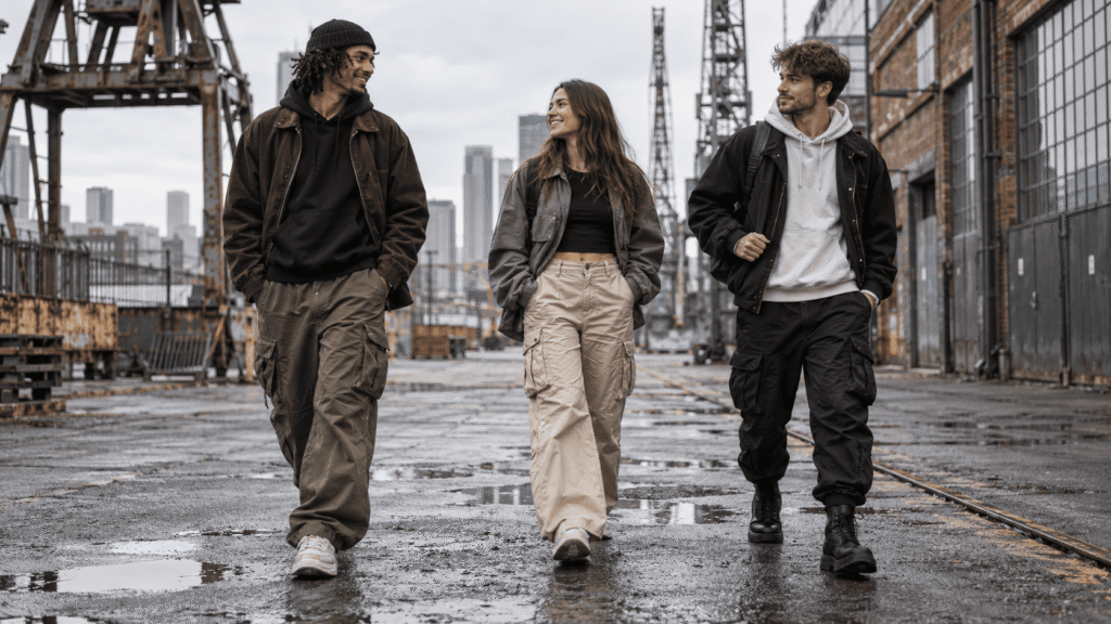 Drei Freunde mit Cargohosen im lässigen Streetwear-Look