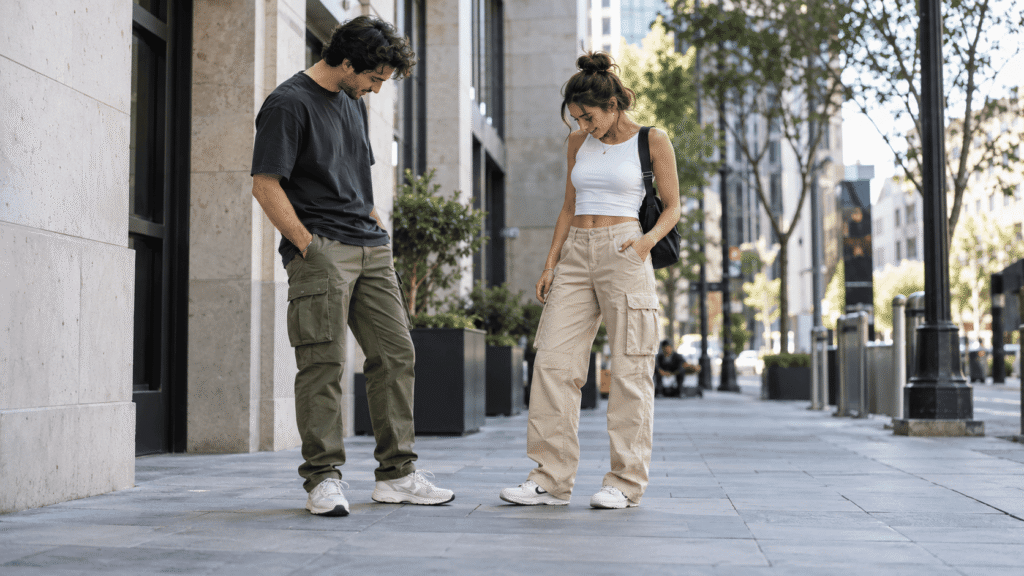 Mann und Frau mit Cargohosen im urbanen Alltag